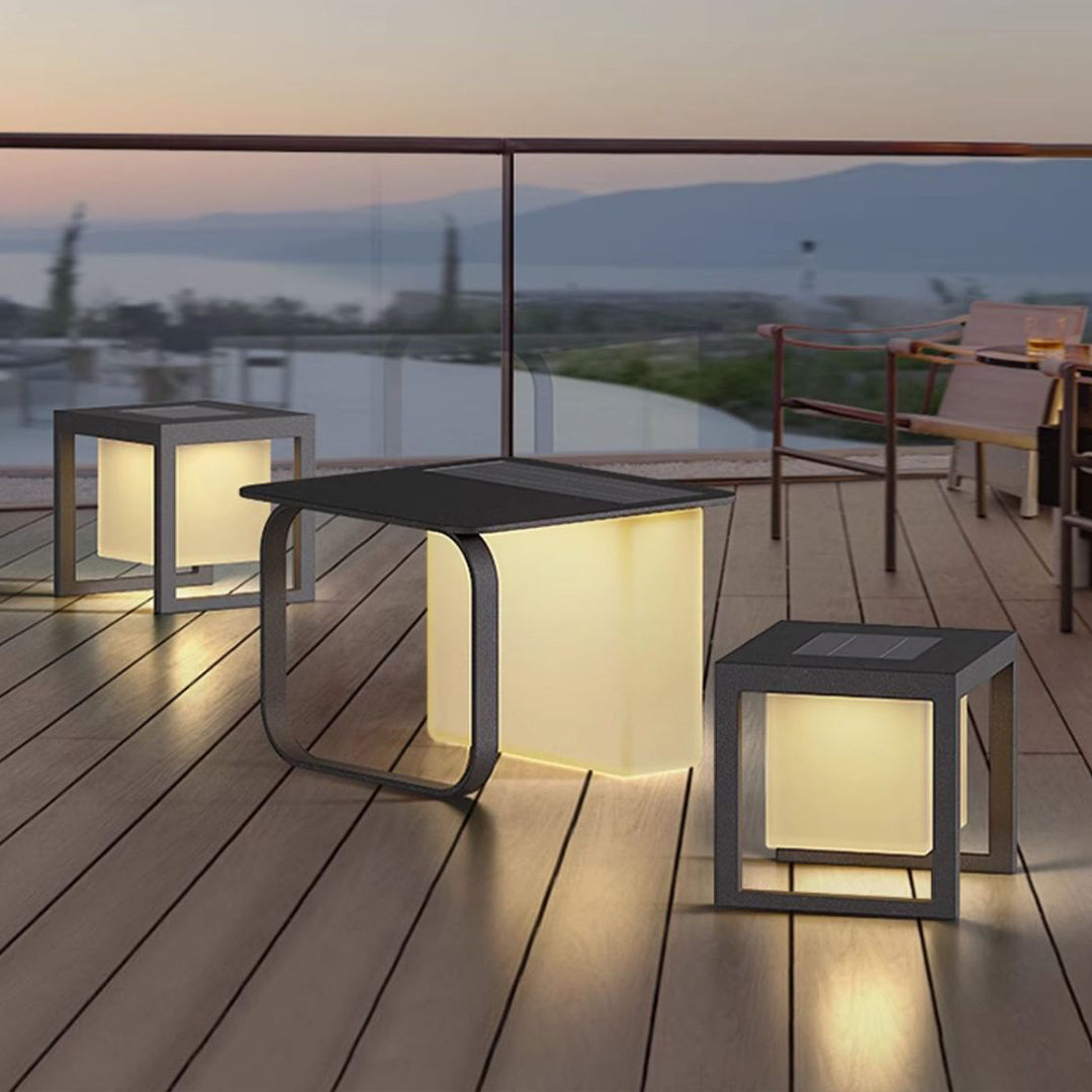Waterfront deck with contemporary lighting arrangement, handheld light portability meeting sophisticated design