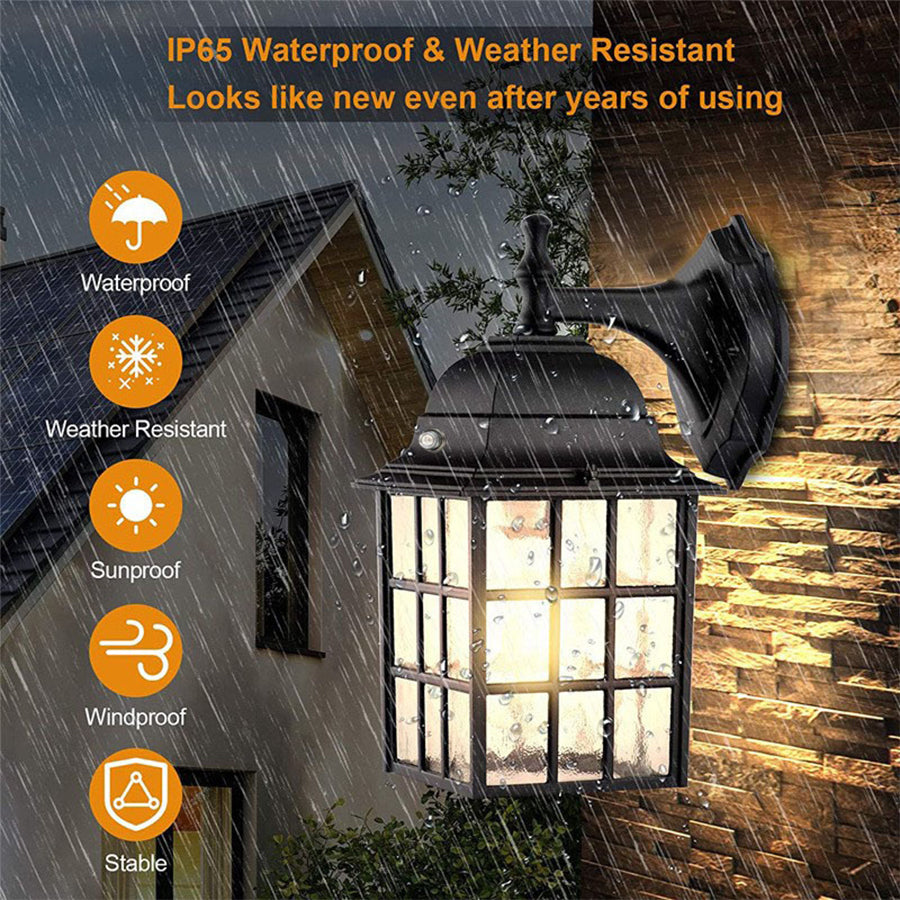 Product showcase displaying waterproof outdoor wall lantern with multiple certification badges and ratings