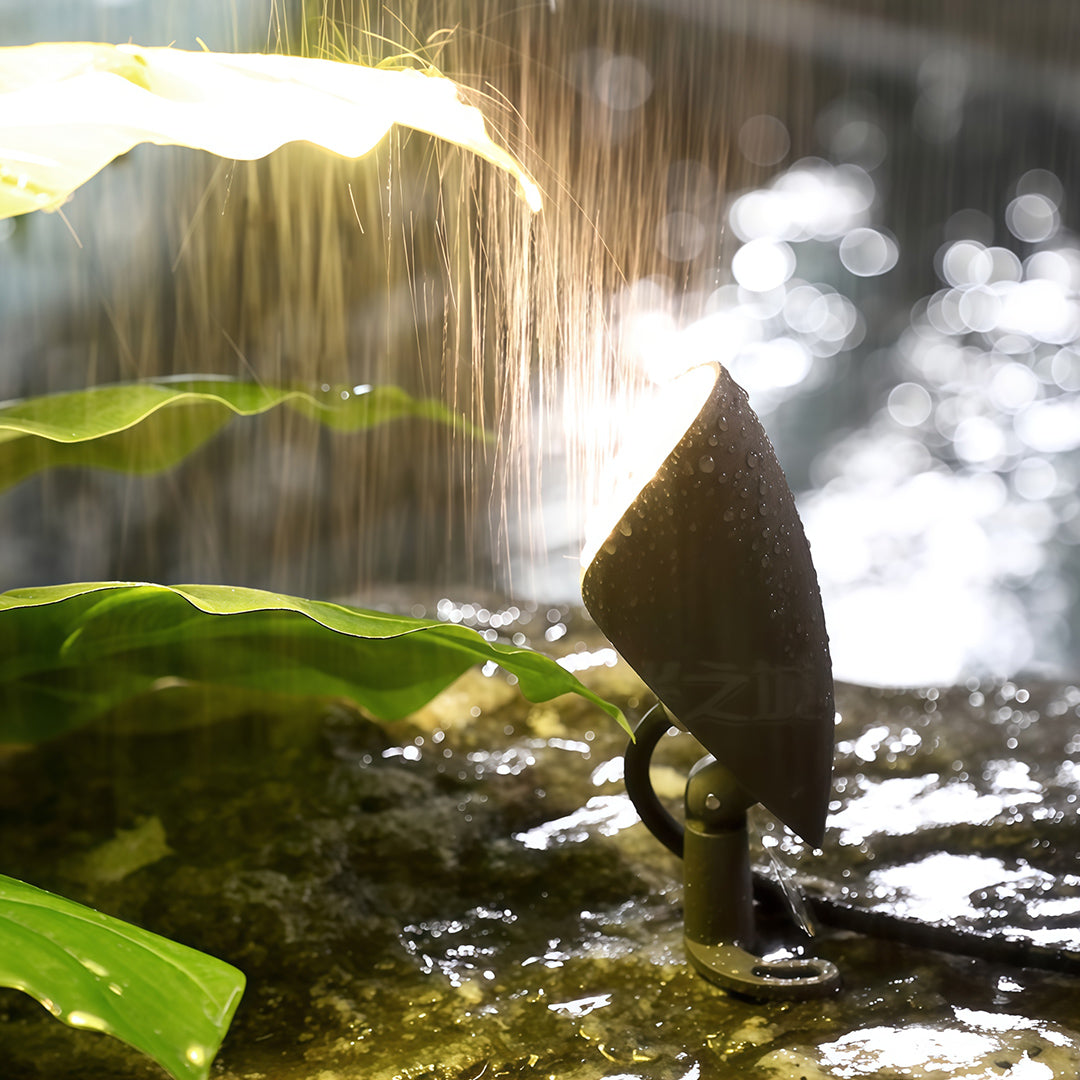 Decorative wall wash lighting placed outdoors near plants under rain.
