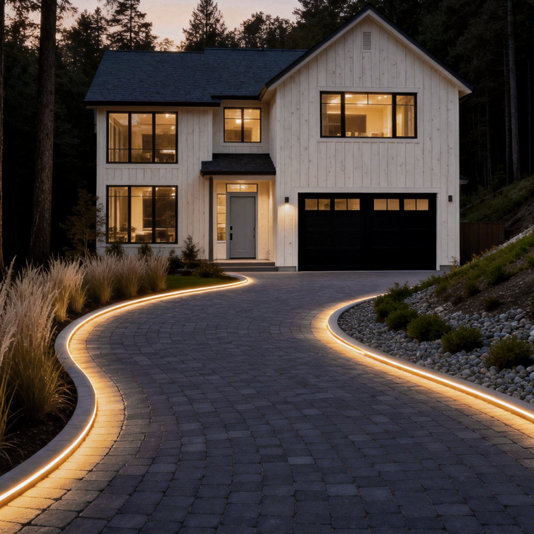 Waterproof LED light strips outlining a curved residential driveway, providing soft pathway illumination and modern curb appeal at dusk.