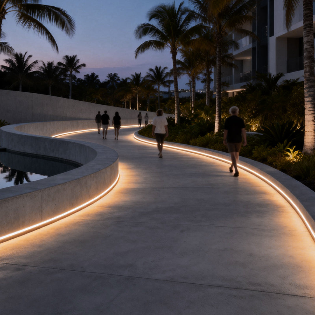Waterproof LED light strips integrated into a winding outdoor walkway, creating safe and elegant nighttime pedestrian lighting.
