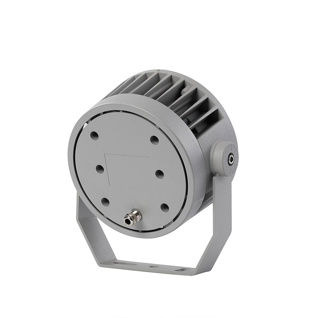 Waterproof LED spotlight illuminating classical building architecture with warm white light output