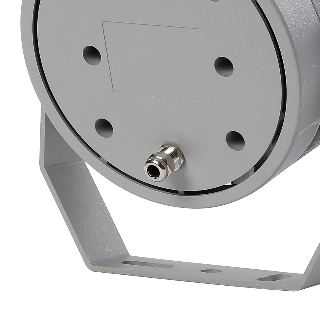 Close-up view of waterproof LED spotlight showing heat sink design and mounting hardware details