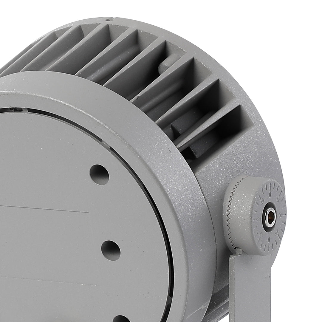 Rear view of waterproof LED spotlight displaying ventilation pattern and electrical connection points