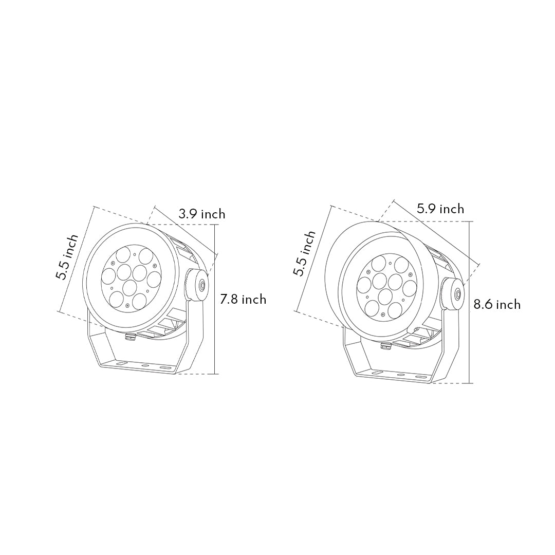 Technical diagram showing waterproof LED spotlight construction and beam angle specifications