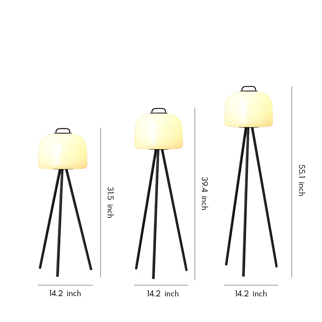 Multiple waterproof outdoor floor lamps in various heights with tripod stands displayed on a white background.