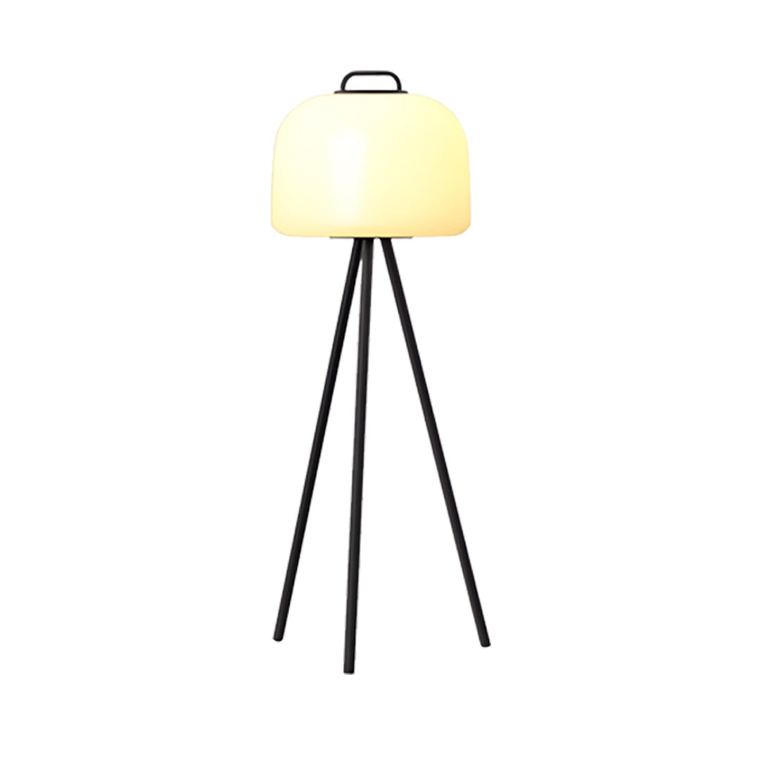 Compact waterproof outdoor floor lamps with tripod legs and soft diffused glow on plain background.