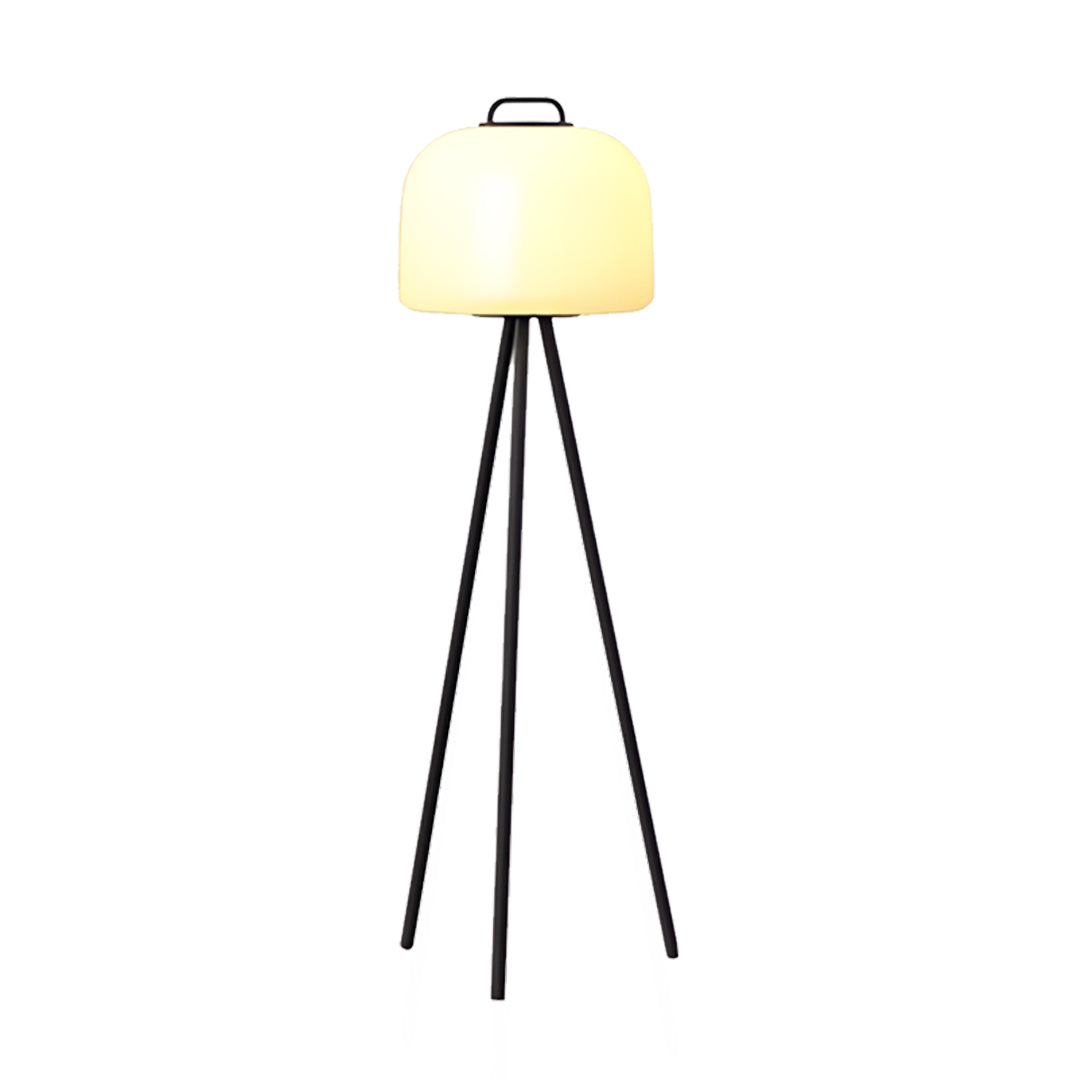 Modern waterproof outdoor floor lamps featuring rounded shade and three-leg stand in minimalist style.