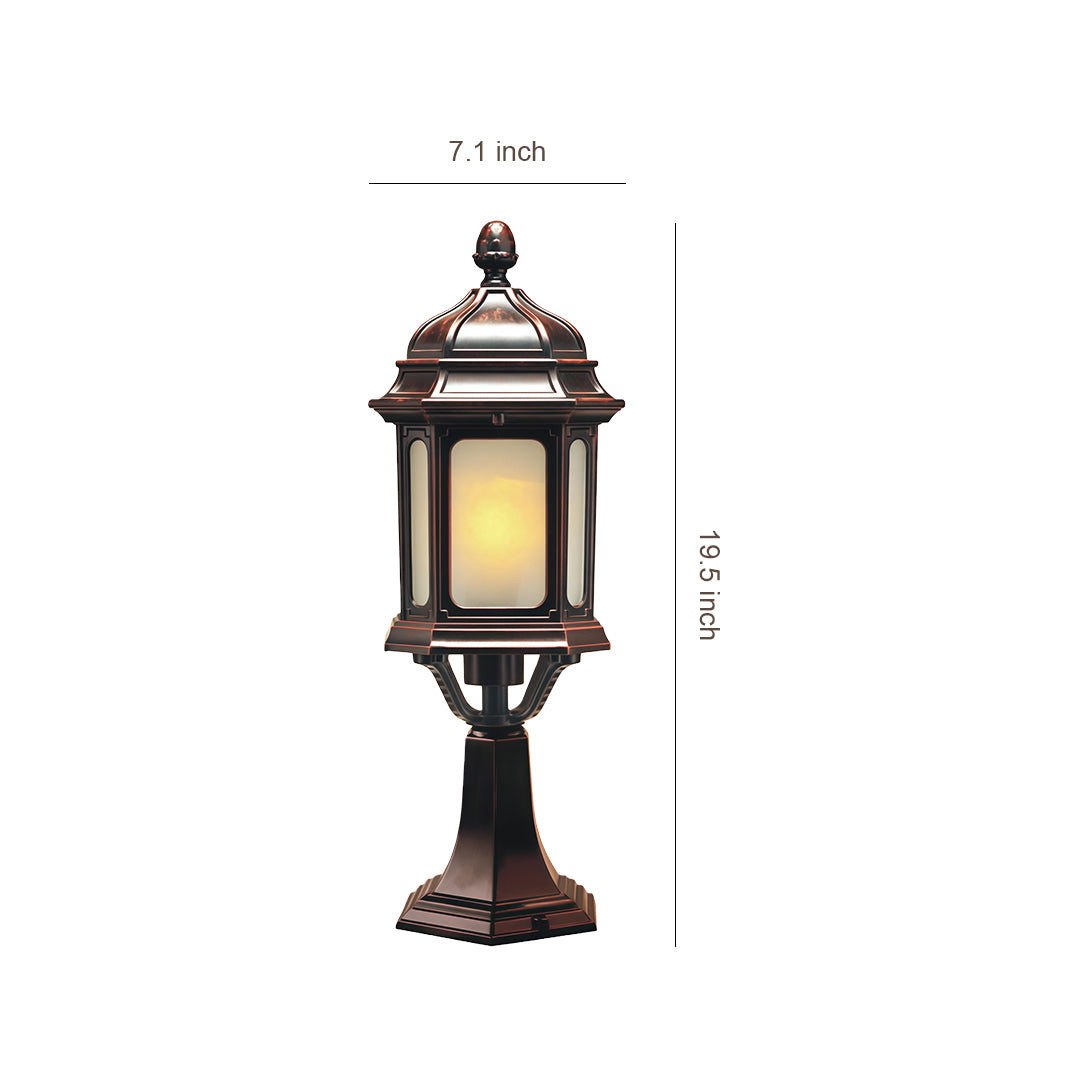 Waterproof outdoor pendant light with hexagonal frosted glass and ornate bronze metal housing, displayed with size reference
