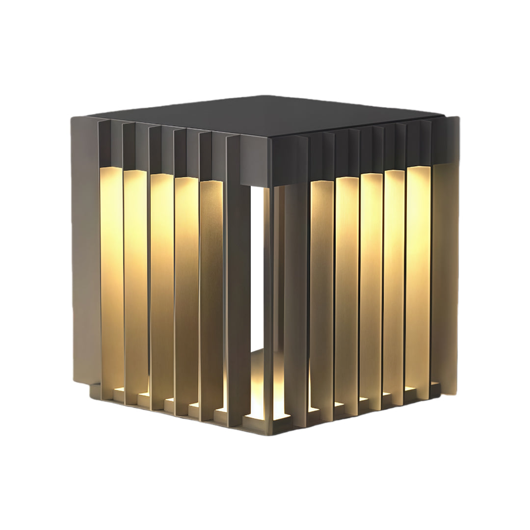 A cube-shaped waterproof outdoor pillar light with warm lighting and evenly spaced vertical metal bars for architectural styling.