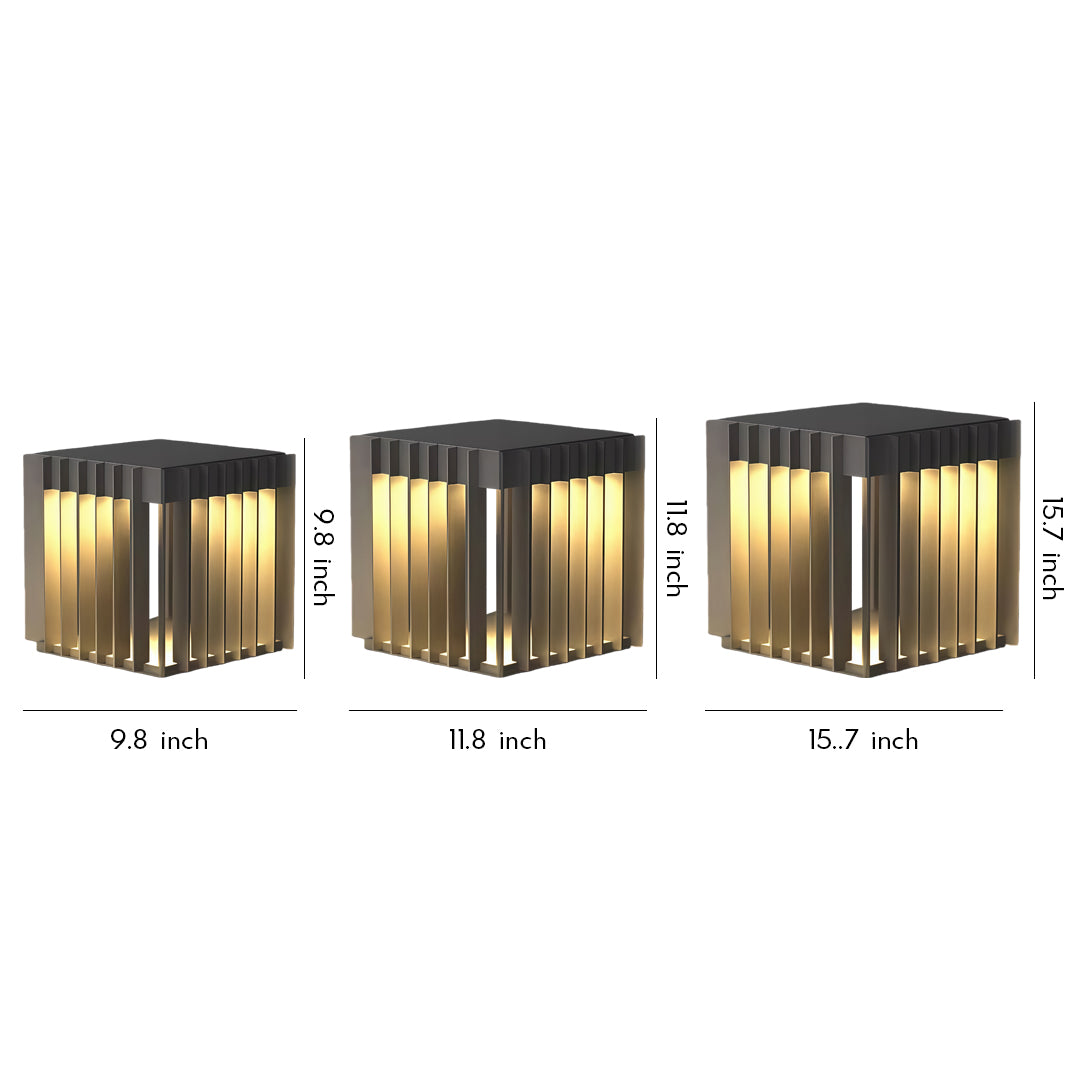 A set of compact waterproof outdoor pillar lights featuring warm illumination and a modern square-grid frame design.