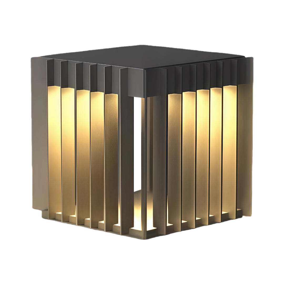 A modern square waterproof outdoor pillar light featuring warm ambient lighting and a structured vertical-bar frame.