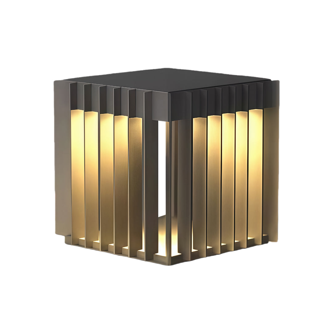 A single waterproof outdoor pillar light with vertical slatted panels and warm glowing interior, designed for modern exteriors.