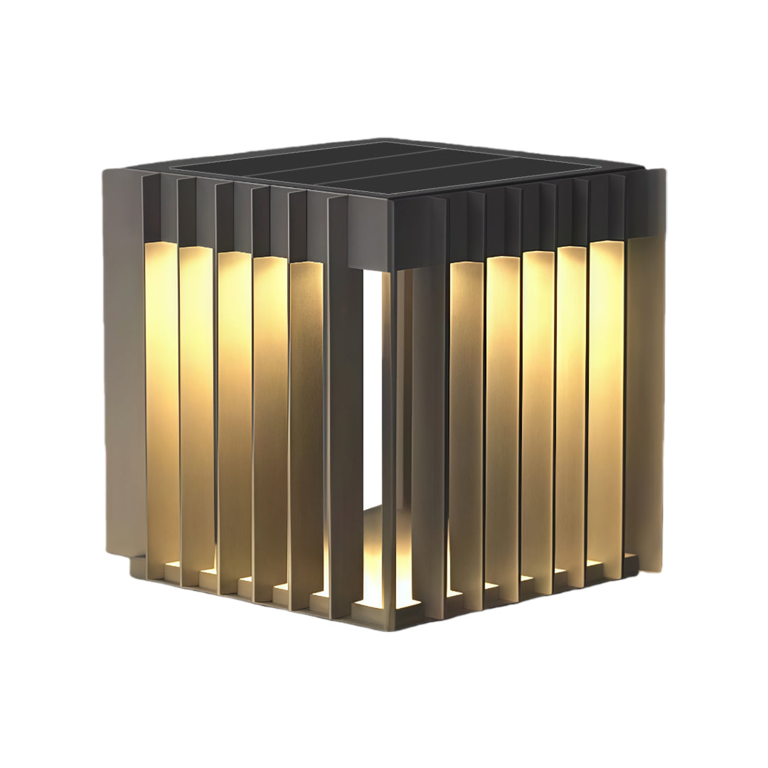 A sturdy waterproof outdoor pillar light with warm internal illumination and dark vertical metal bars surrounding the fixture.