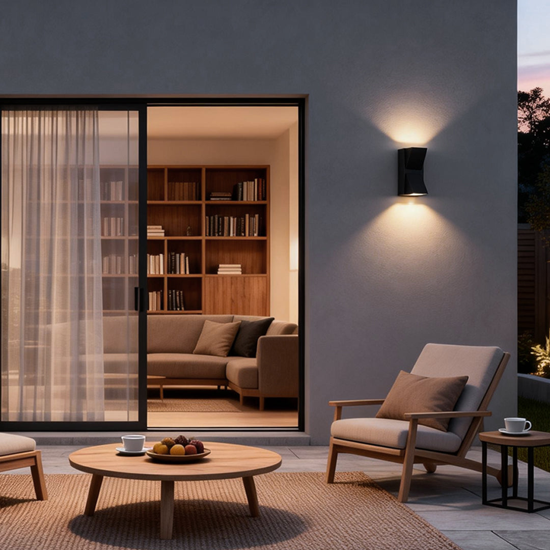 Waterproof outdoor porch lights providing soft illumination for an indoor-outdoor living space.