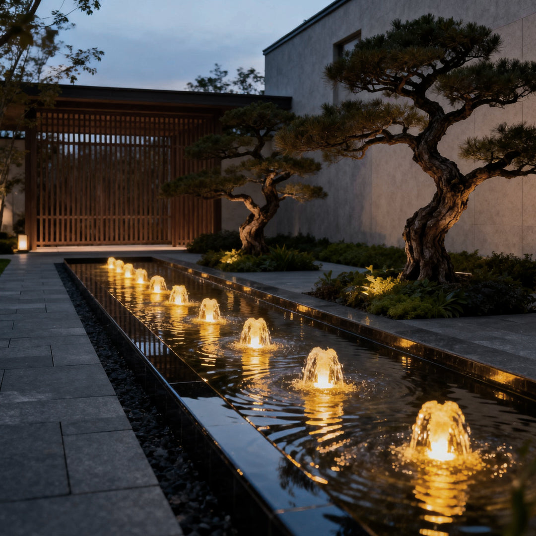 Waterproof outdoor spotlights illuminating a serene garden pathway with small fountains and bonsai trees.