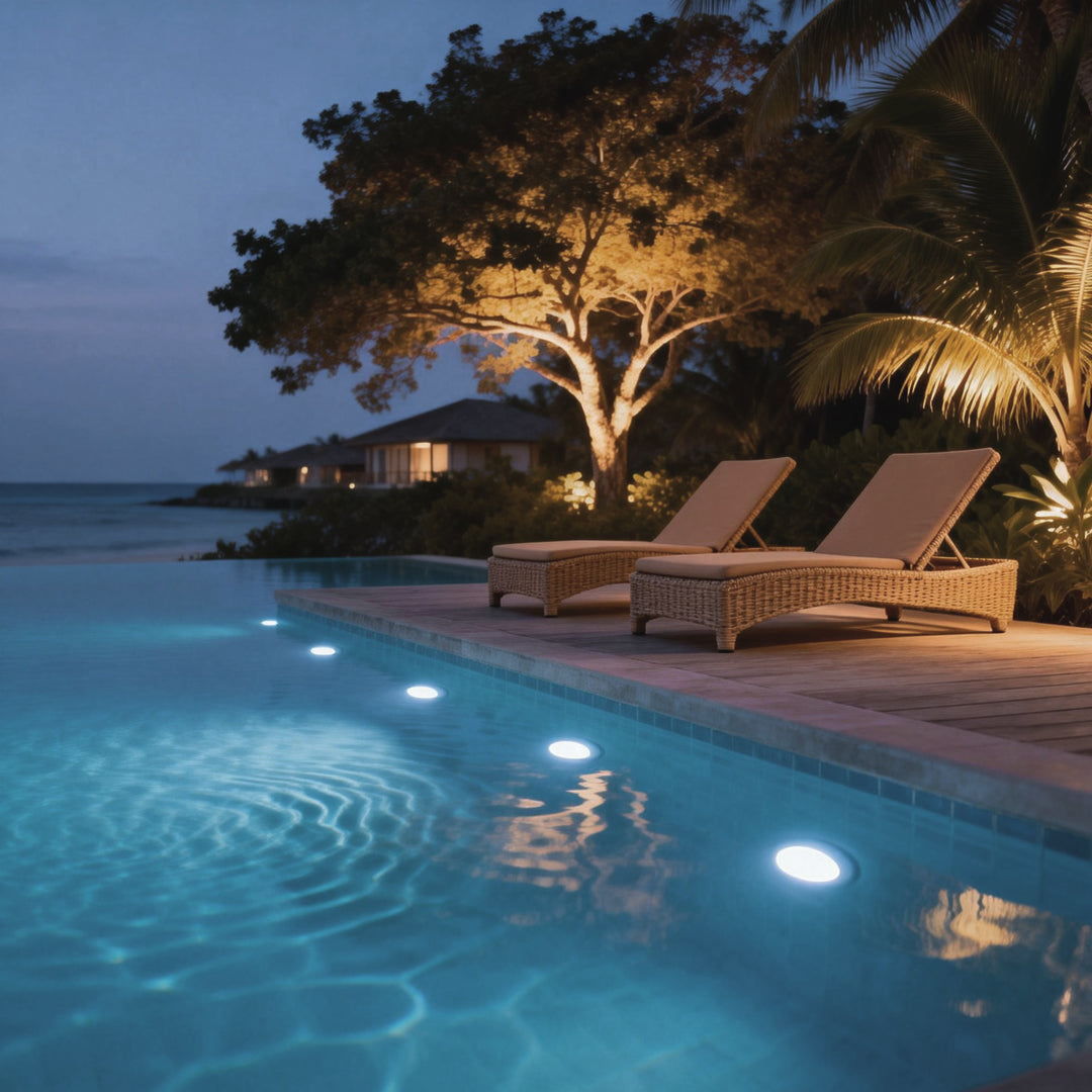 Waterproof outdoor spotlights highlighting a tropical pool area with palm trees and lounge chairs at night.