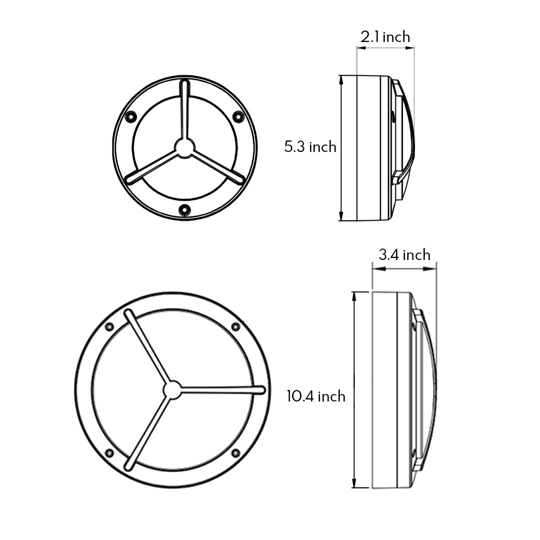 Waterproof outdoor wall lighting technical drawing showing front and side view dimensions with measurements