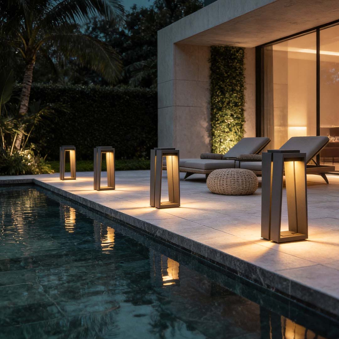 Waterproof solar deck lights enhancing a contemporary outdoor seating area with warm glow.