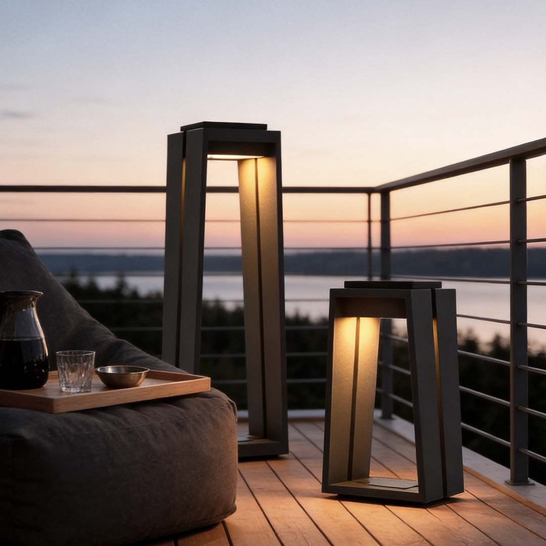 Waterproof solar deck lights illuminating a modern poolside deck at dusk.