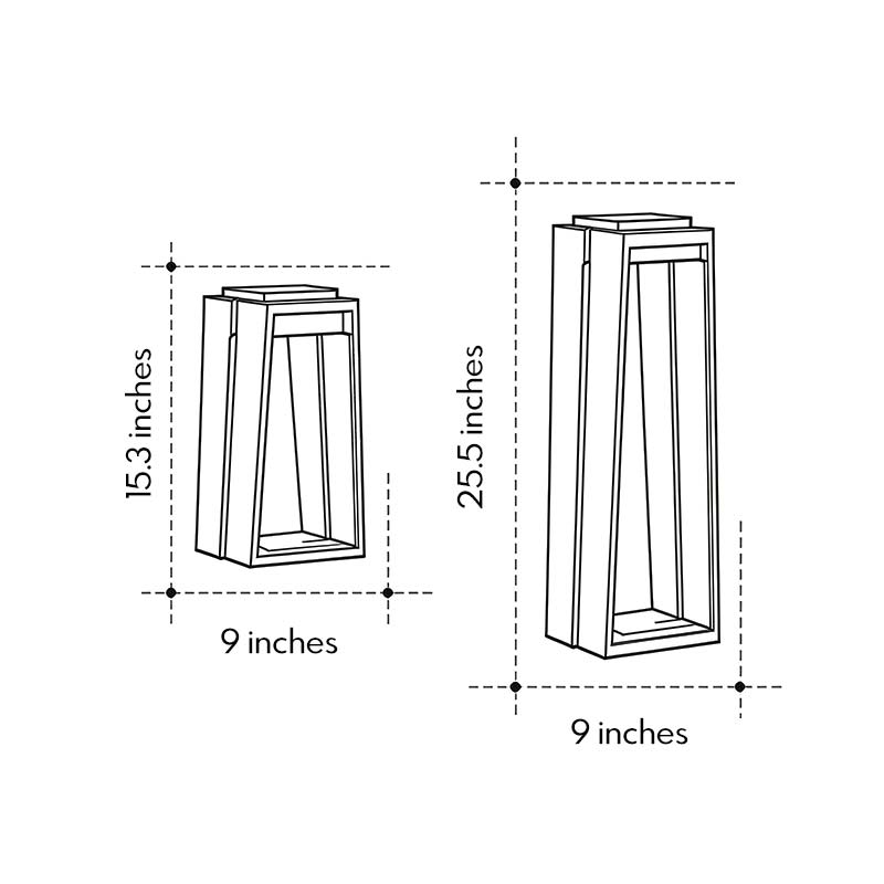 Technical diagram showing dimensions and structure of waterproof solar deck lights models.