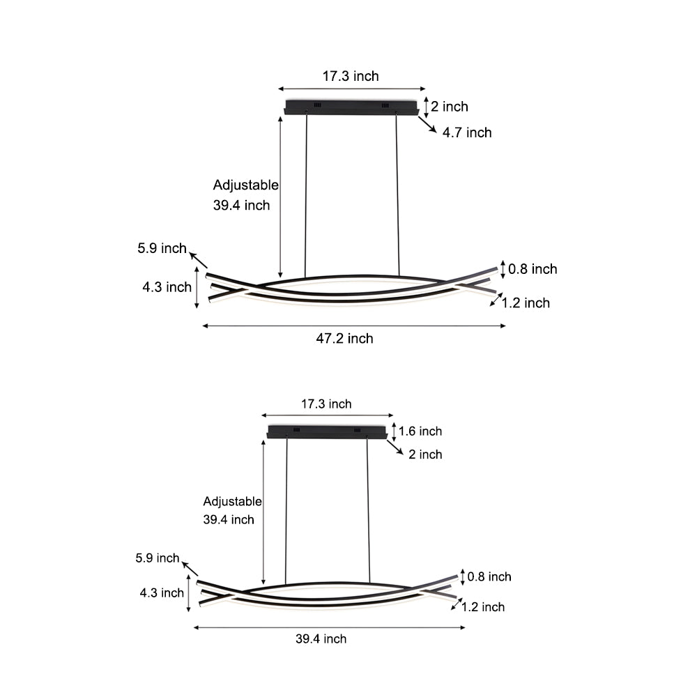 Wave hanging light dimensions and size diagram