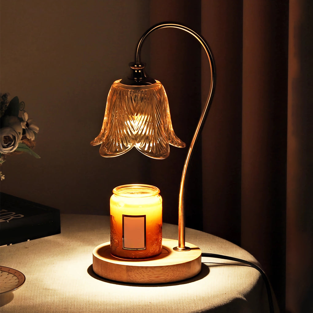 Wax melt light illuminating a minimalist living room side table with focused glow.