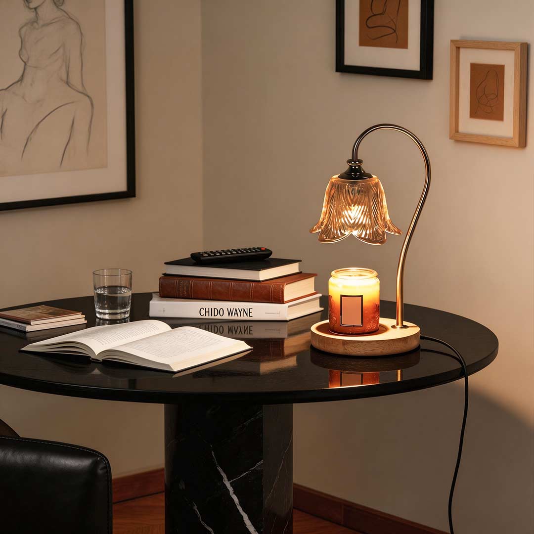 Wax melt light enhancing a modern study table with warm ambient glow.