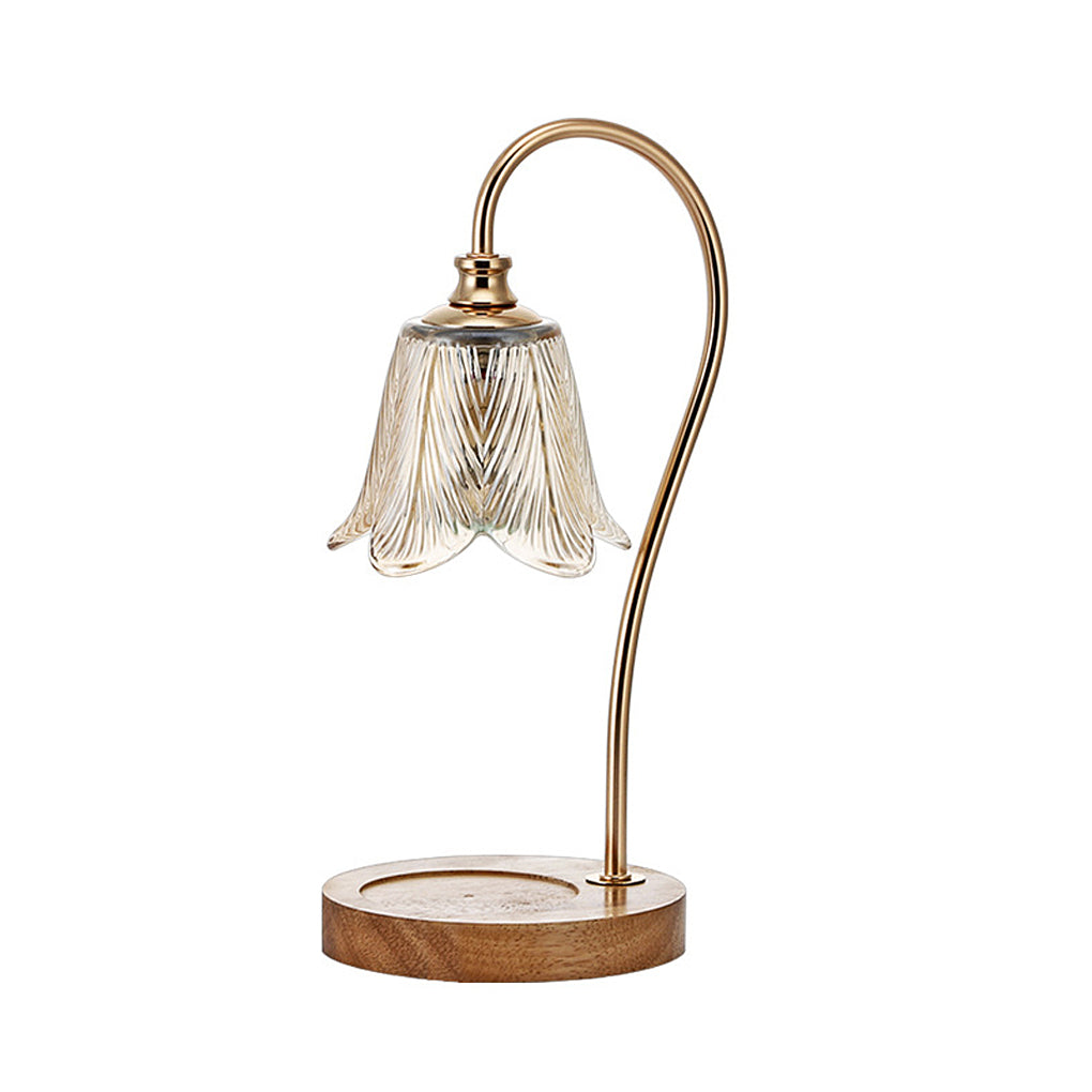 Wax melt light with wooden base enhancing a rustic interior.