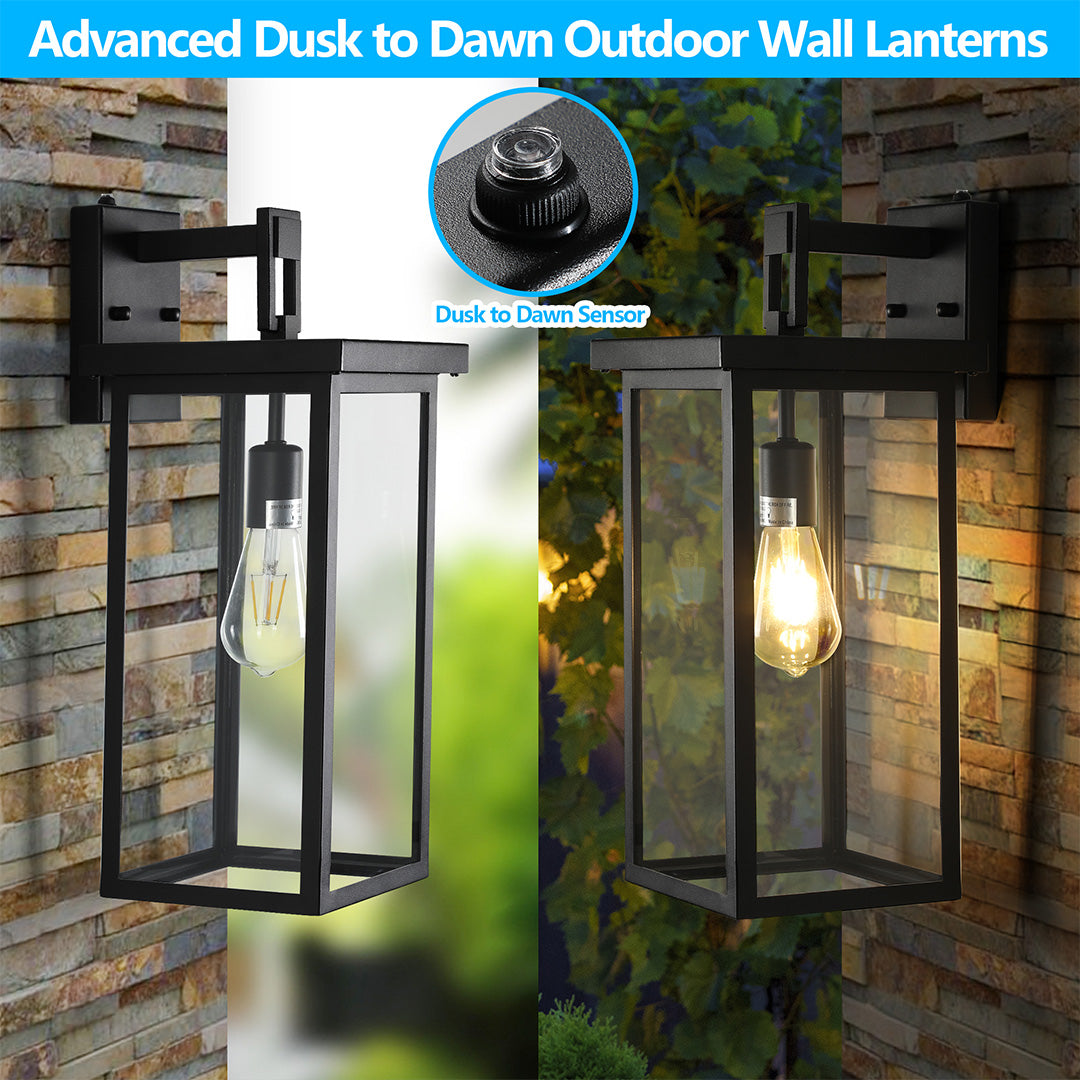 Black exterior lantern wall light showcasing weather resistance features, suitable for all-season outdoor use.
