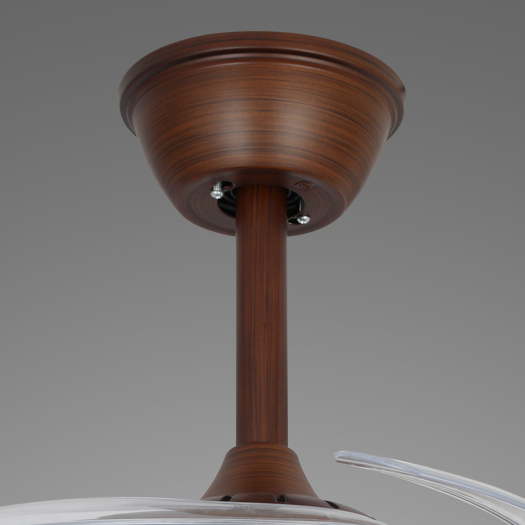 Detailed view of the weathered finish downrod of the ceiling fan with 4 lights 