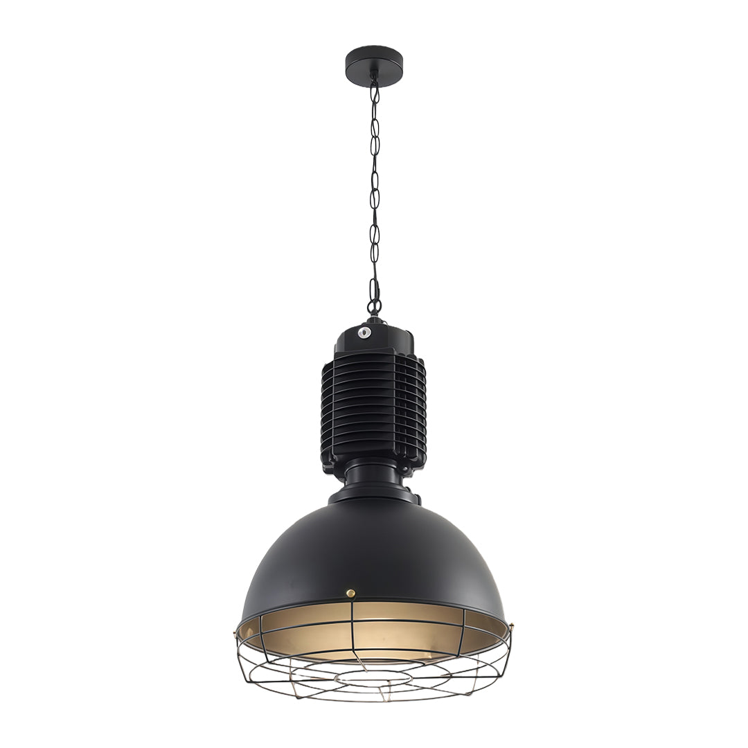 Weathered vintage industrial pendant lighting showcasing distressed black metal dome with protective wire basket