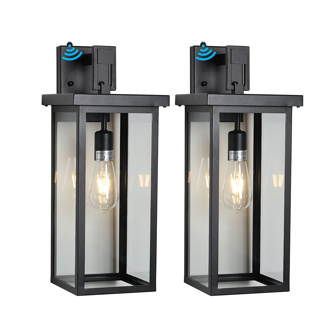Black exterior lantern wall lights with blue waterproof seals, ideal for weather-resistant outdoor illumination.