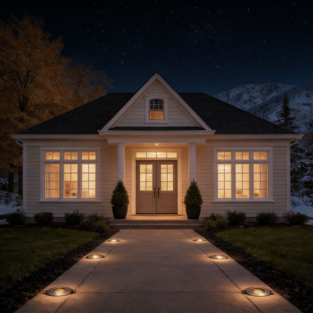 Well lights in concrete with a modern design, enhancing a house entrance walkway.