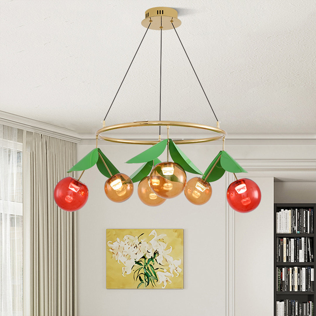 Whimsical cherry chandelier installed in bright contemporary living room with white furniture and modern decor