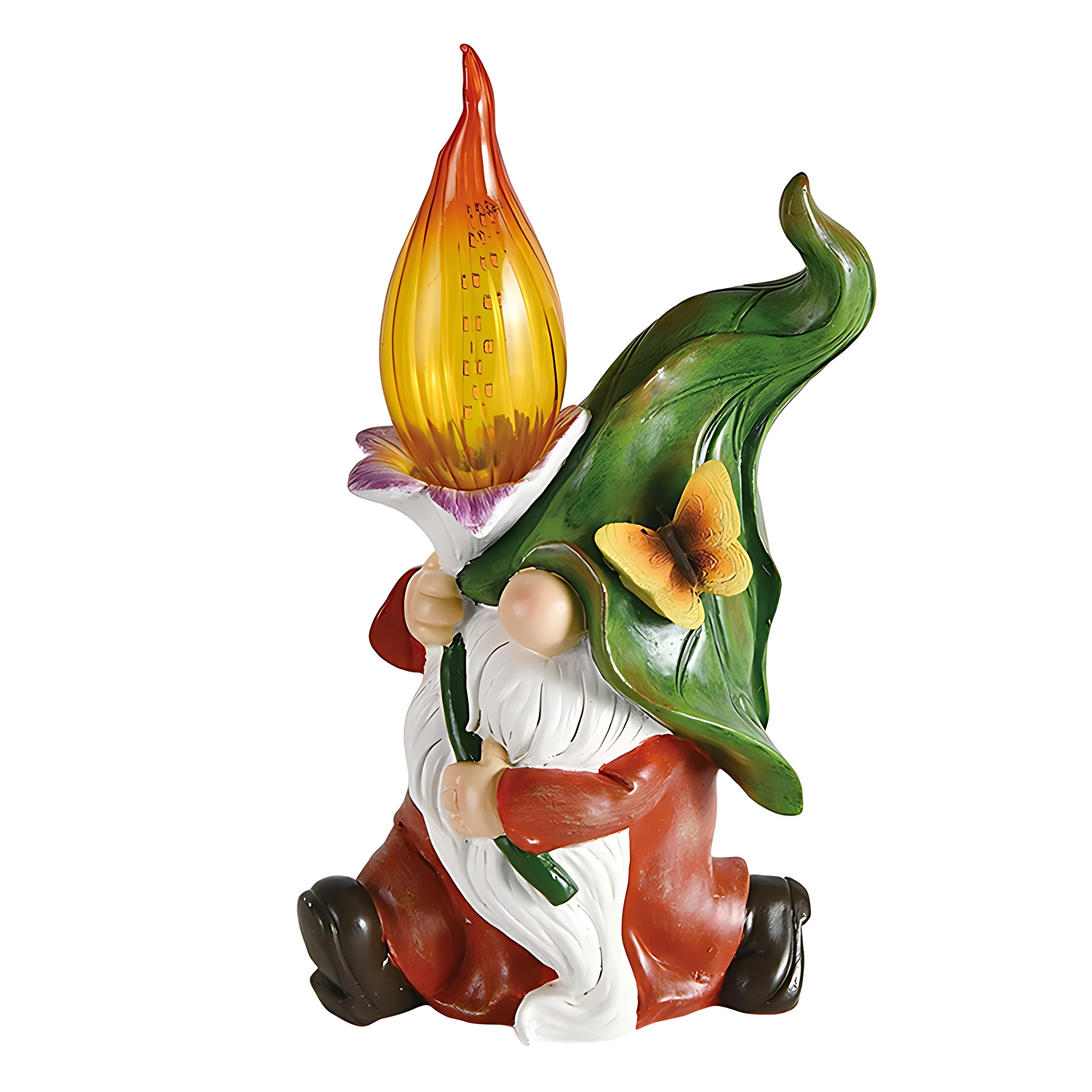 Whimsical gnome figure with flame-like hat holding glowing lantern in colorful garden display