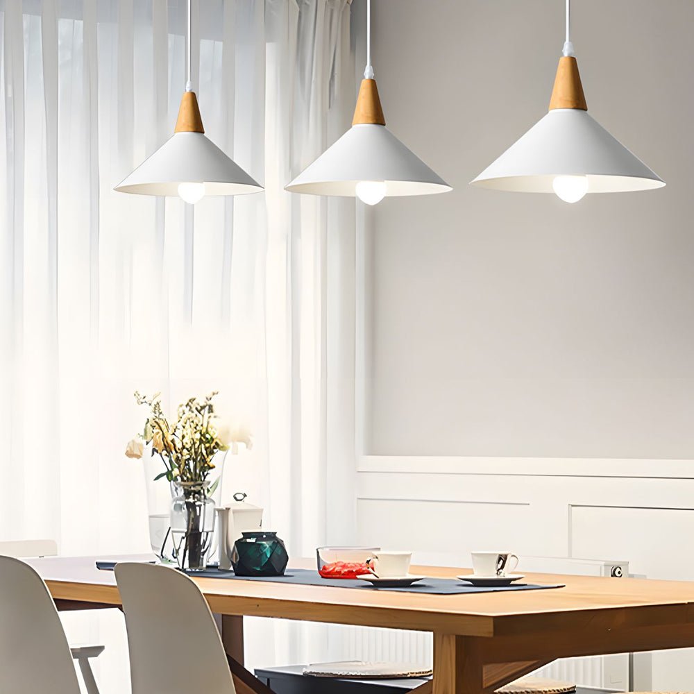White 1 - Light Nordic Metal Cone Pendant Light with Wood Top