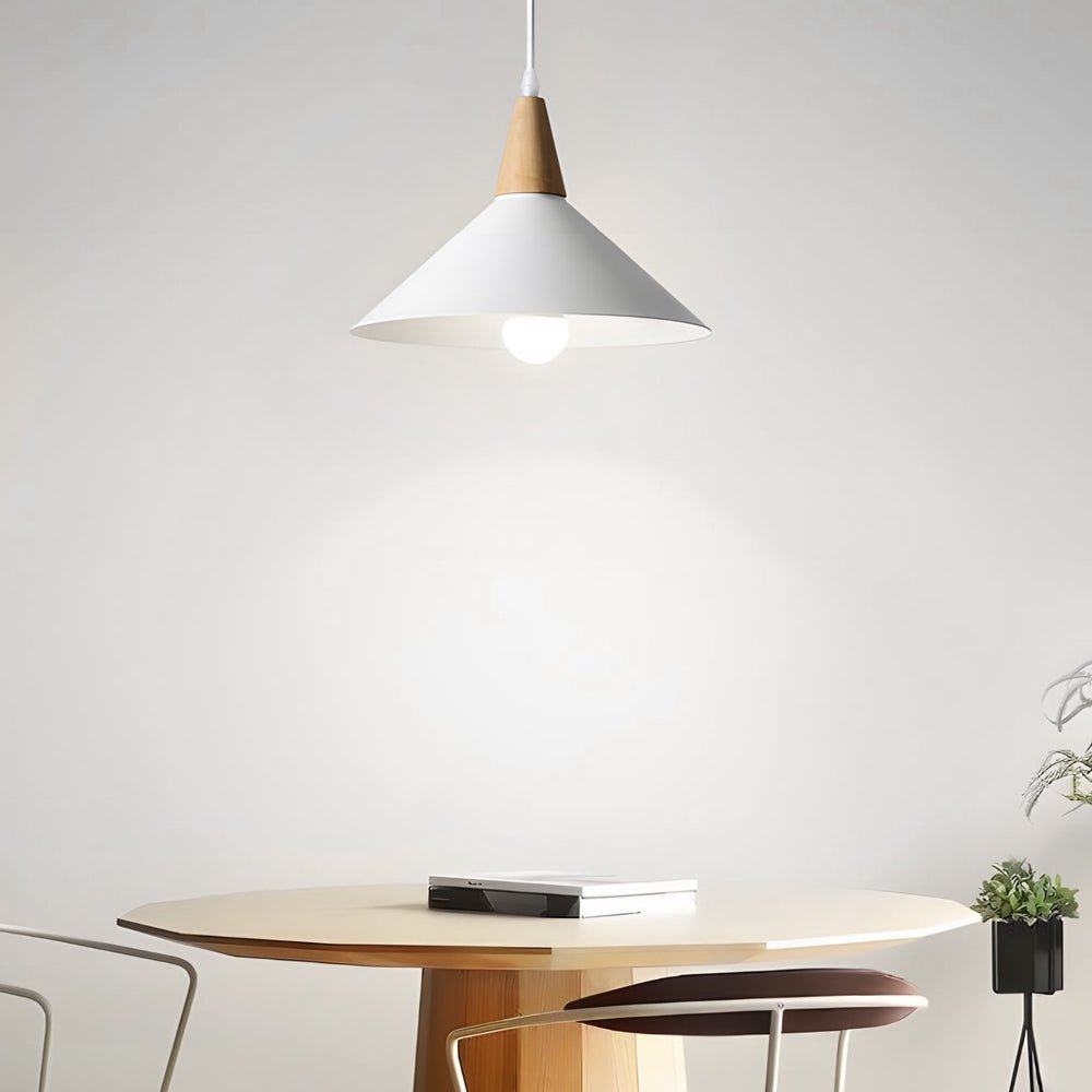 White 1 - Light Nordic Metal Cone Pendant Light with Wood Top