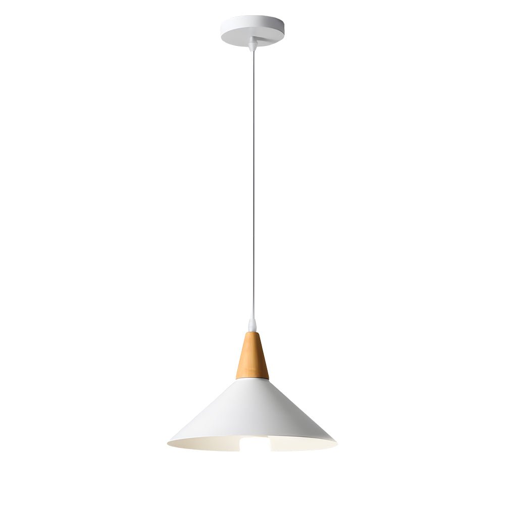 White 1 - Light Nordic Metal Cone Pendant Light with Wood Top
