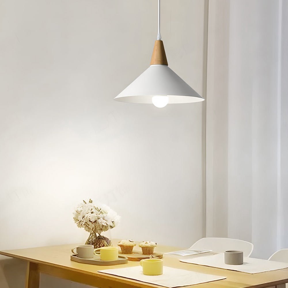 White 1 - Light Nordic Metal Cone Pendant Light with Wood Top