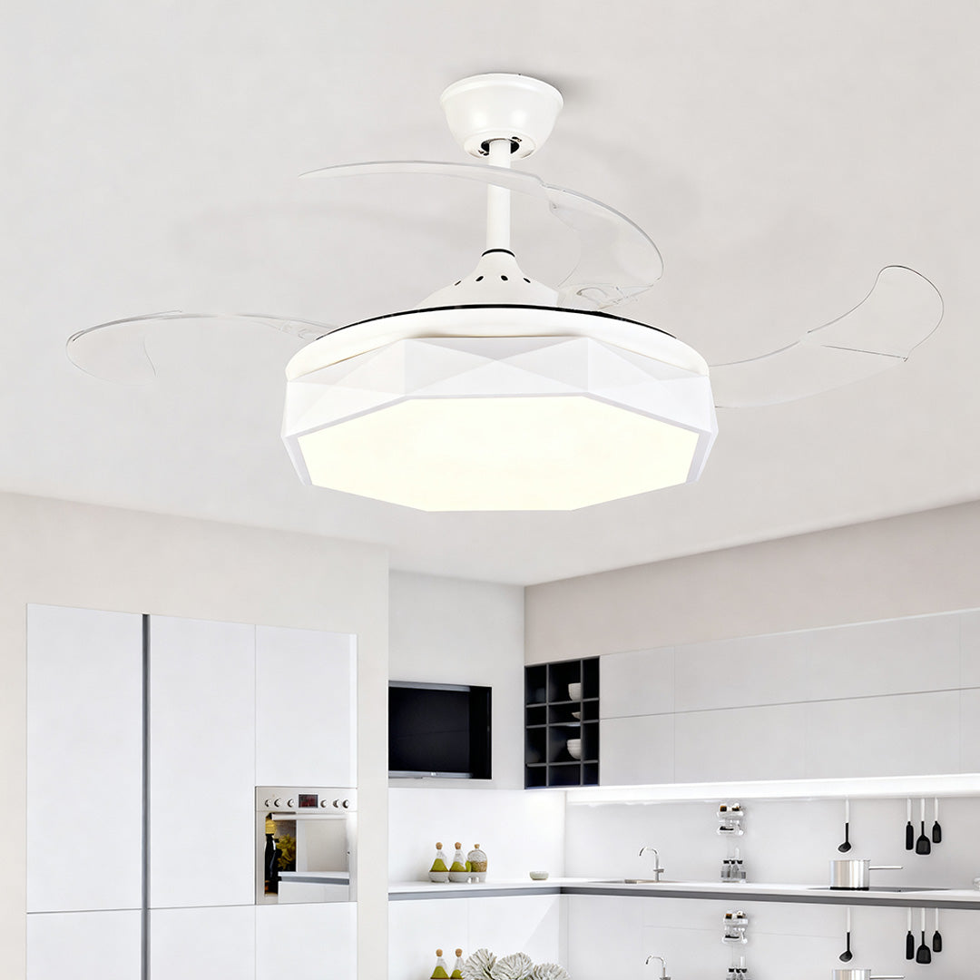 White 42 in ceiling fan with light suspended in bright kitchen with marble countertops and backsplash