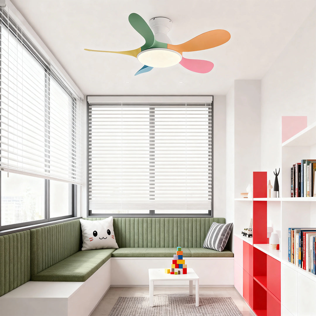 White 5 blade ceiling fan with light in blush pink bedroom with arched nook and minimal decor