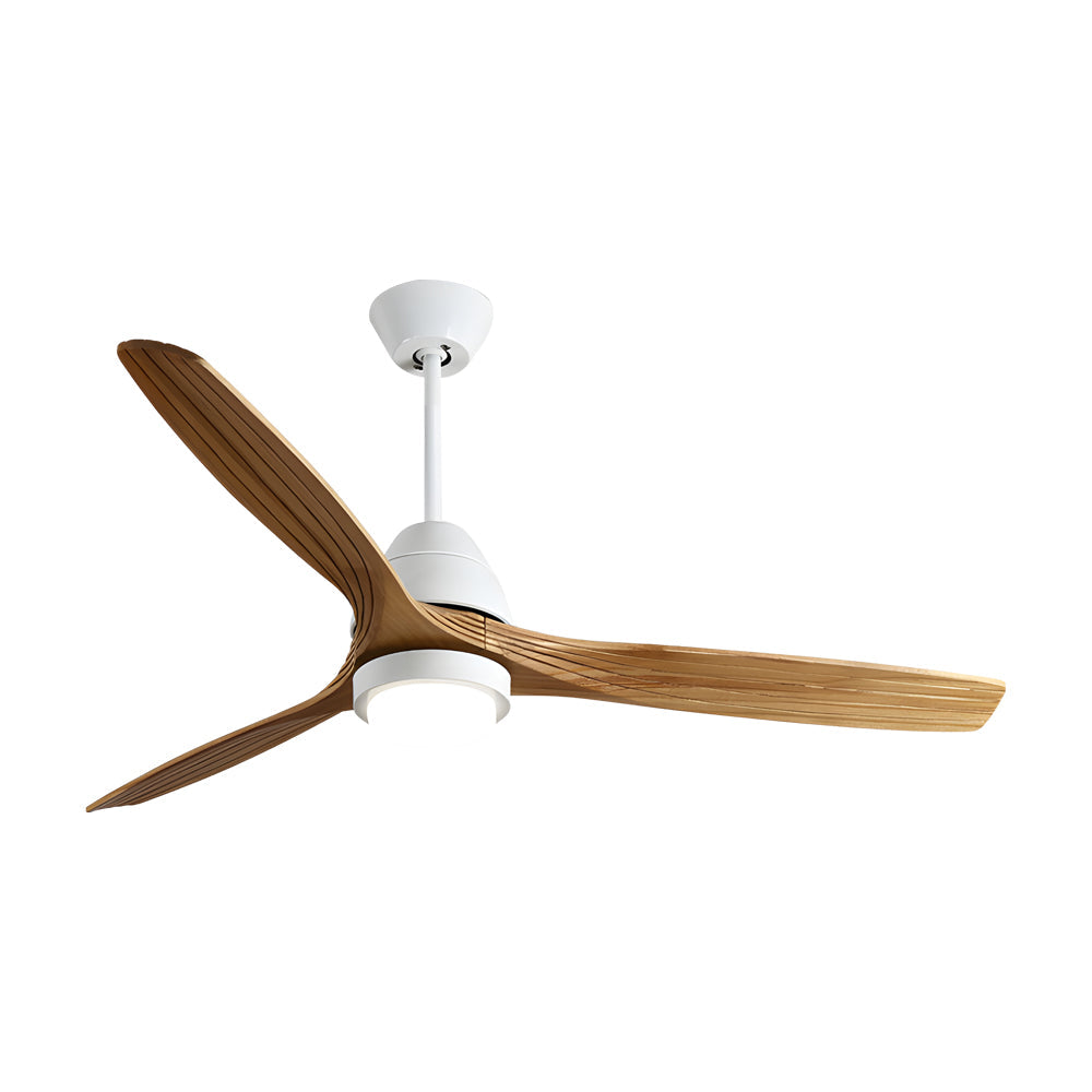 White 52 inch ceiling fans with lights featuring three curved wood blades and LED globe.