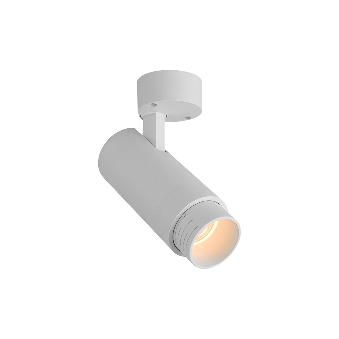White adjustable LED can lights with sleek cylindrical design and ceiling-mounted spotlight structure.