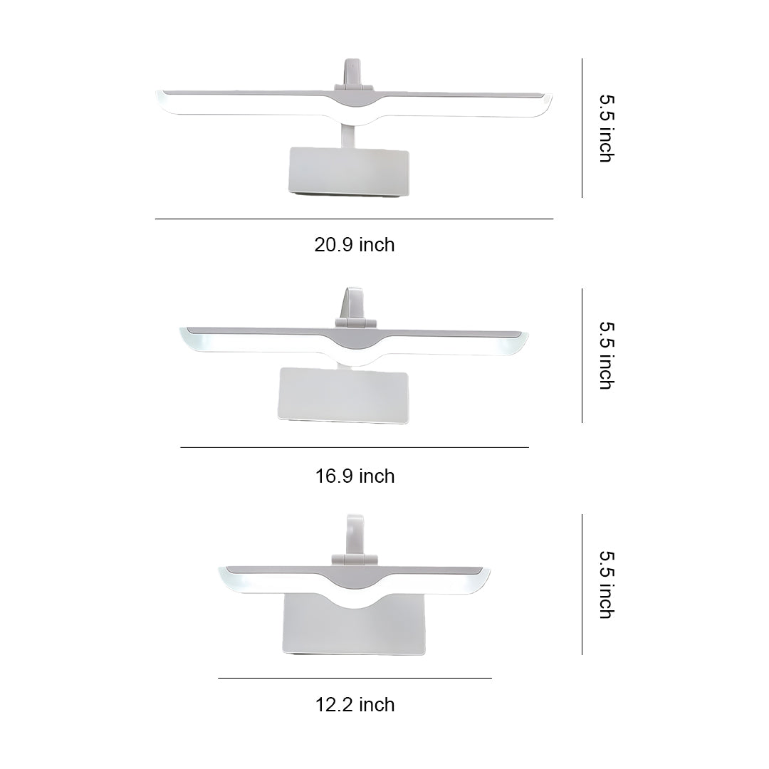White bathroom vanity lights technical drawing showing three size options with dimension measurements on white background.