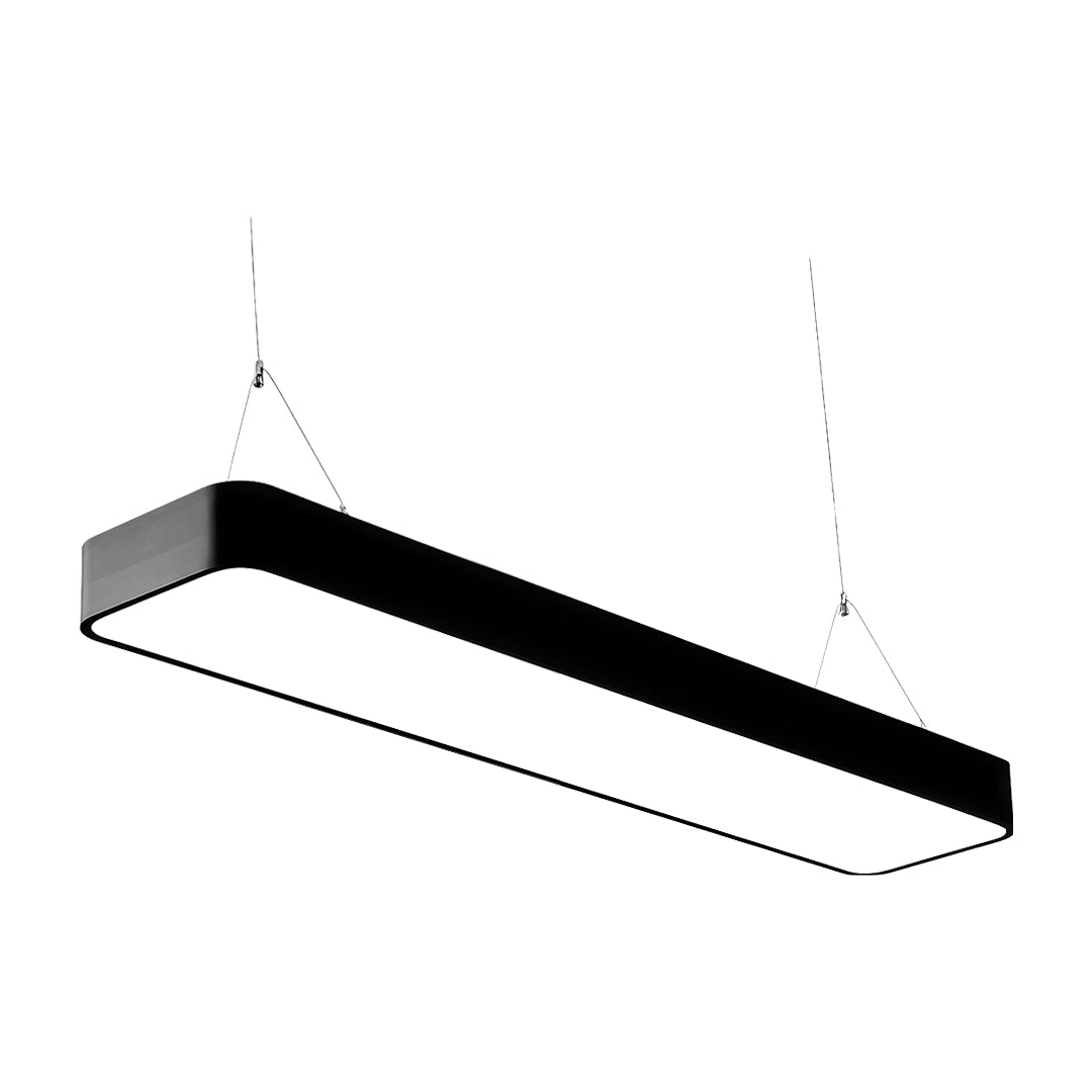 White and black long rectangular chandelier providing even illumination for a spacious office or conference room.