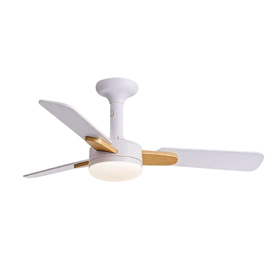 Copper ceiling fan with light featuring white blades, wood accents, and a round integrated LED fixture.