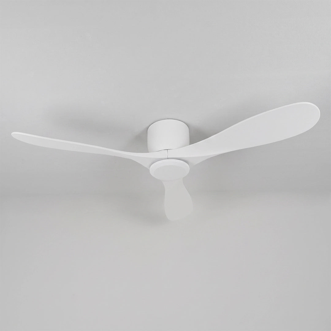White ceiling fan with three aerodynamic blades shown from an angled view against a white ceiling.
