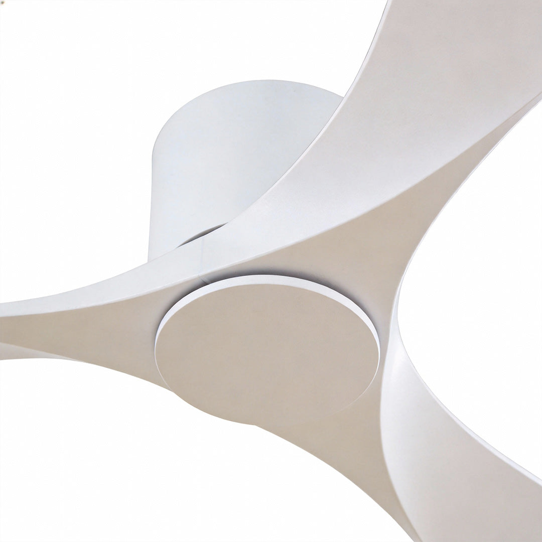 White ceiling fan with a close-up view, showcasing its modern and aerodynamic blades.
