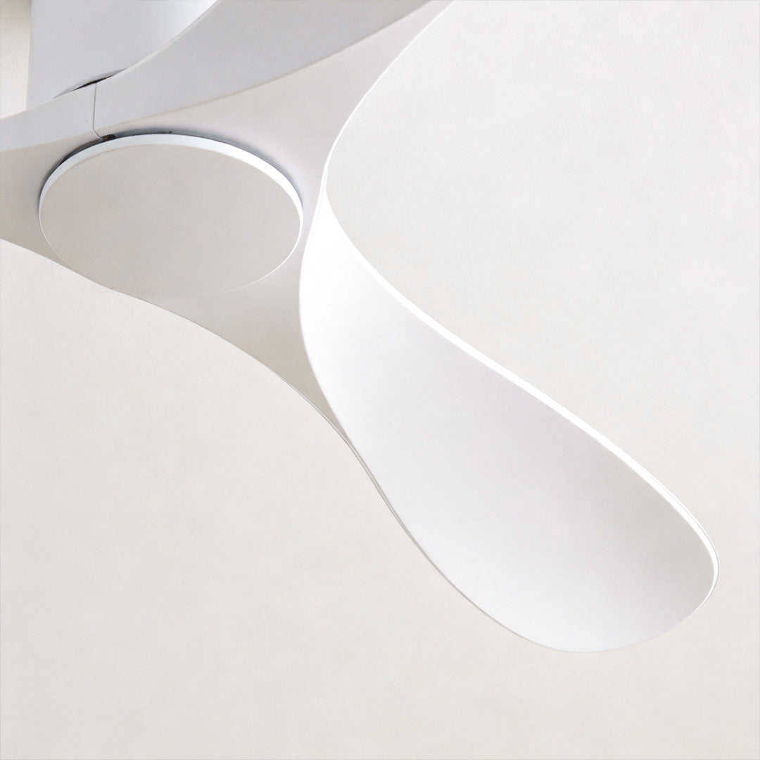 White ceiling fan with a curved blade design, displayed from an angled perspective.